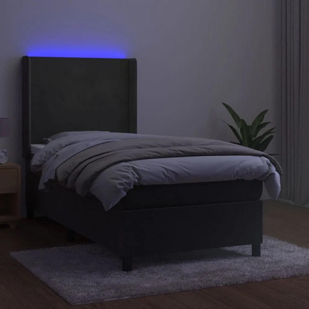 Letto a molle con materasso e led grigio scuro 90x190cm velluto