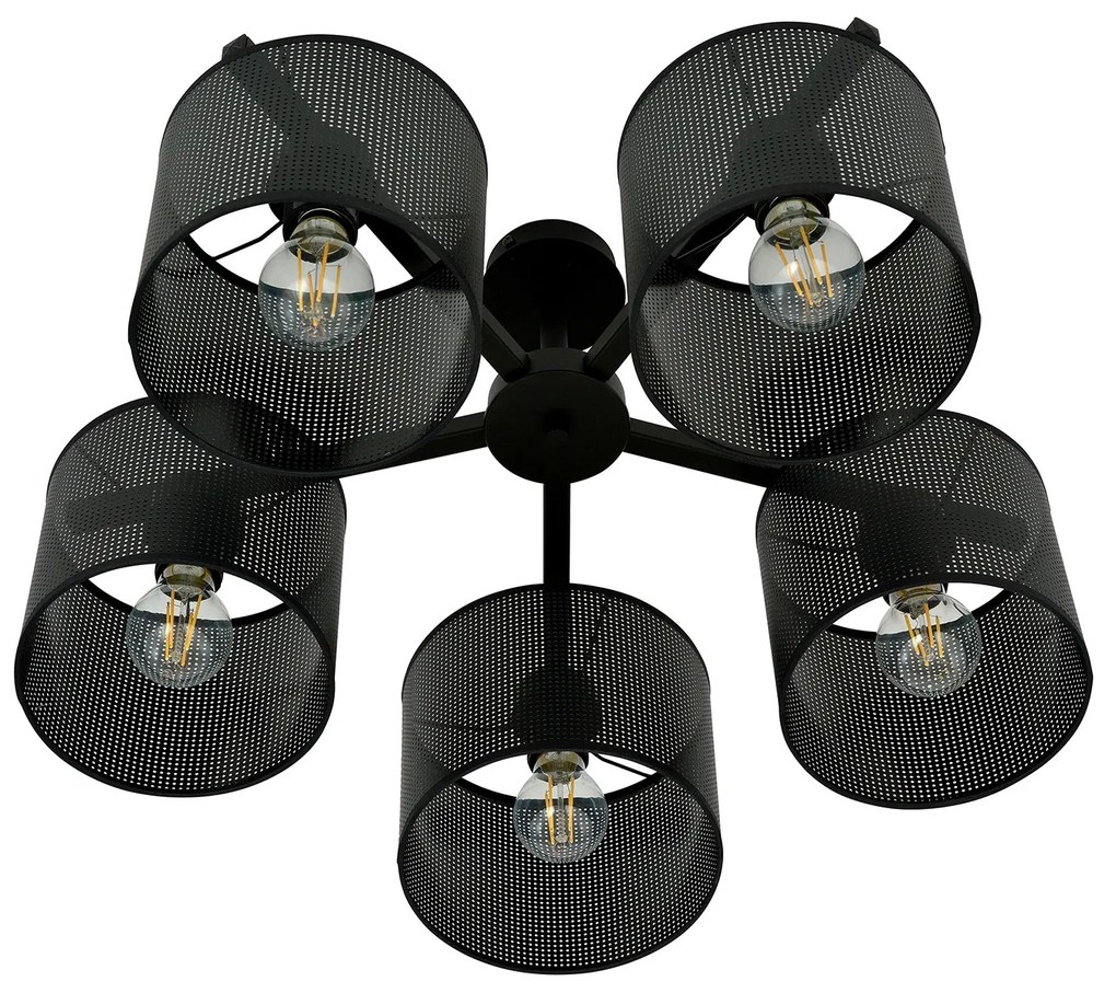 Plafoniera Industrial 5 Luci Cigno In Acciaio Nero E Paralumi A Cilindro