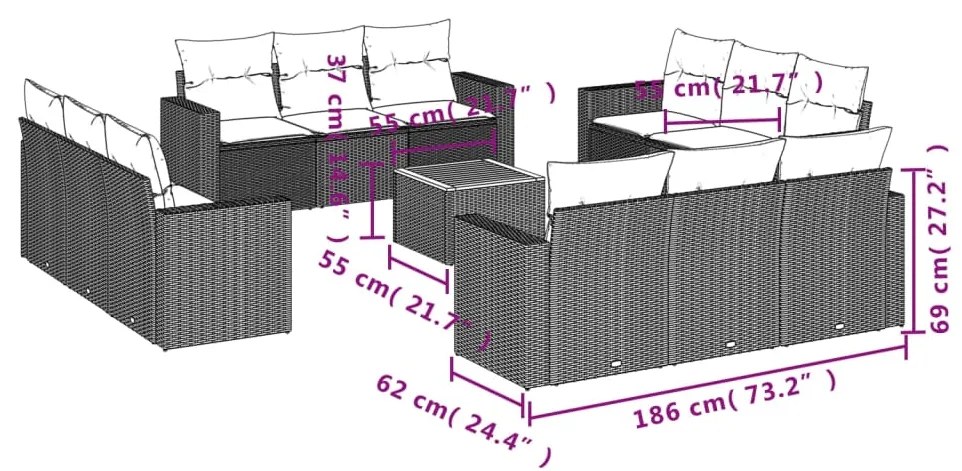 Set divano da giardino 13 pz con cuscini beige in polyrattan