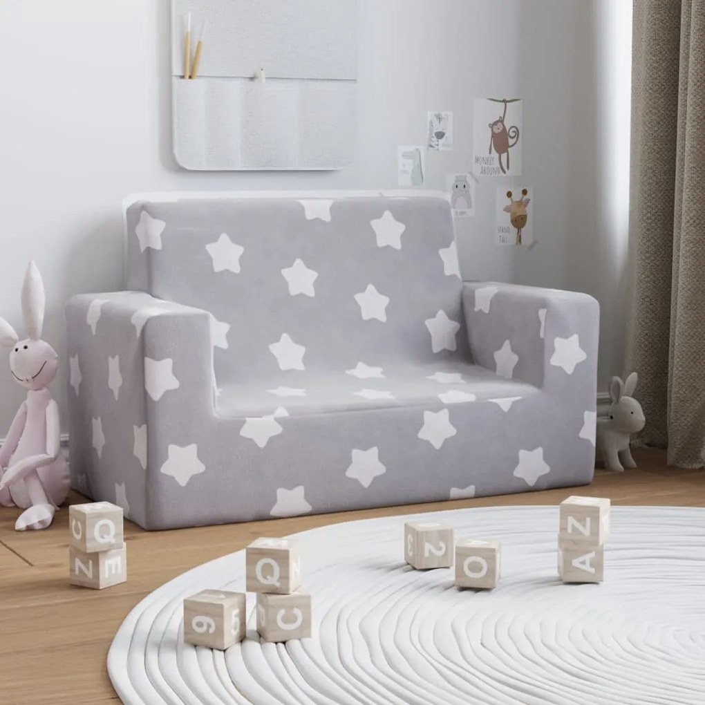 Divano per bambini 2 posti grigio chiaro stelle morbido peluche