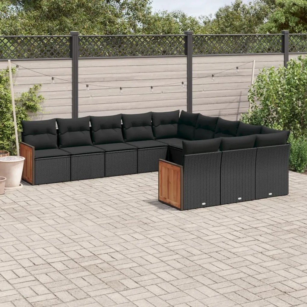 Set divani da giardino 11 pz con cuscini in polyrattan nero