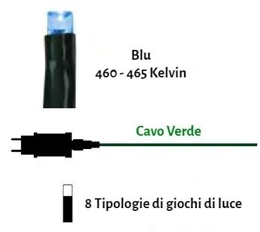 Catenaria Natalizia LED 8 GIOCHI DI LUCE, 15m, Cavo VERDE, IP44, Luce BLU Colore Blu 460 - 465 °K