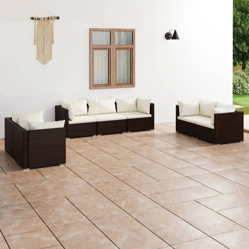 Set divani da giardino 7 pz con cuscini in polyrattan marrone