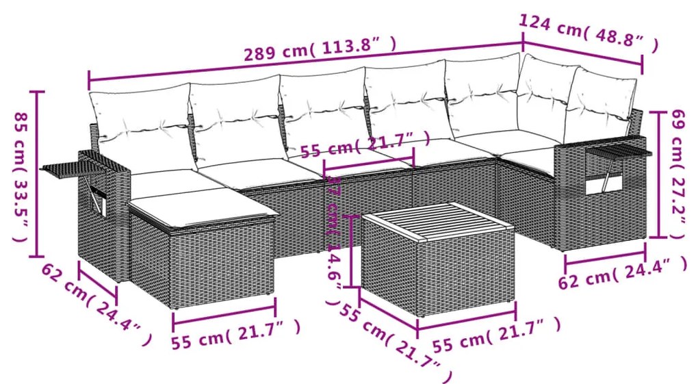 Set divani da giardino con cuscini 8 pz nero in polyrattan