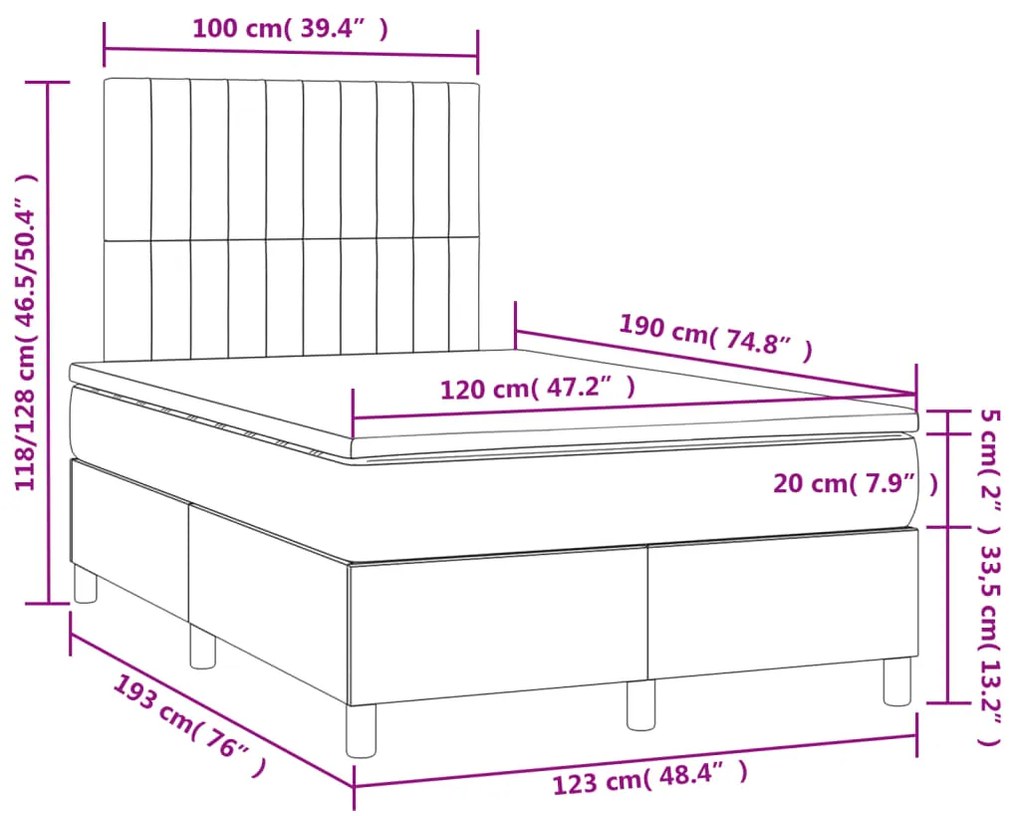 Letto a Molle con Materasso e LED Tortora 120x190 cm in Tessuto