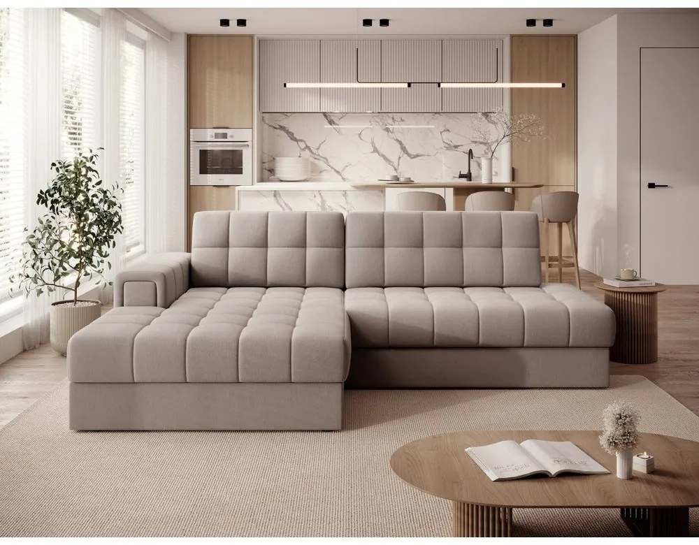 Divano angolare beige allungabile (con penisola a sinistra/con chaise lounge) con rivestimento in velluto Blezalt – ELTAP