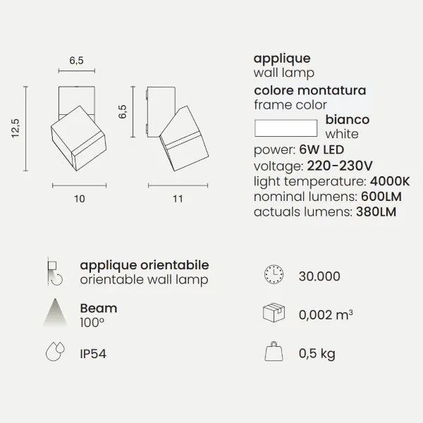 Applique per esterni 10x11 cm a 1 Luce LED in alluminio Bianco e diffusore in vetro STEVE