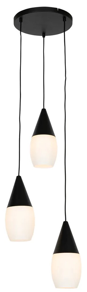 Lampada a sospensione moderna nera con vetro opalino 3 luci - Drop