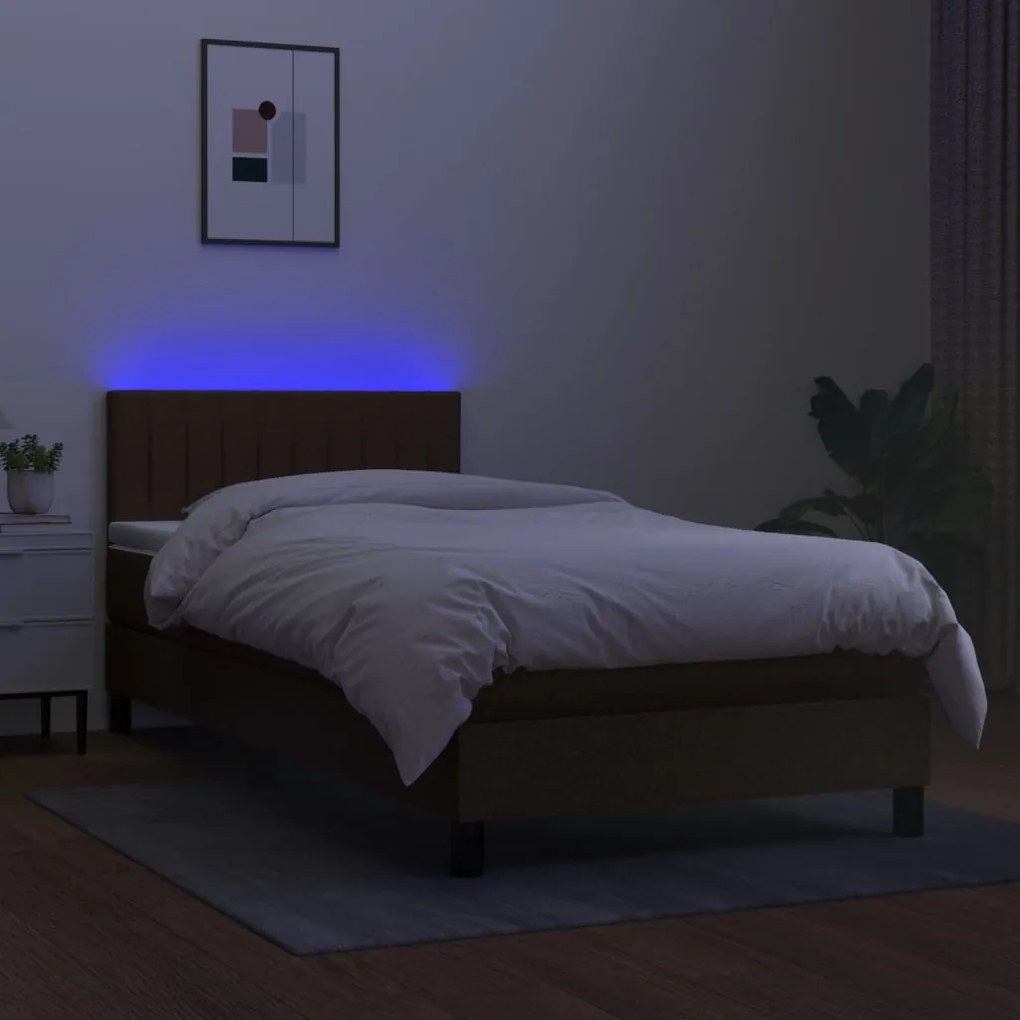 Letto a molle materasso e led marrone scuro 80x200cm in tessuto