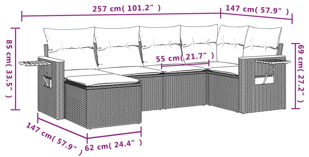 Set divano da giardino 6 pz con cuscini nero in polyrattan