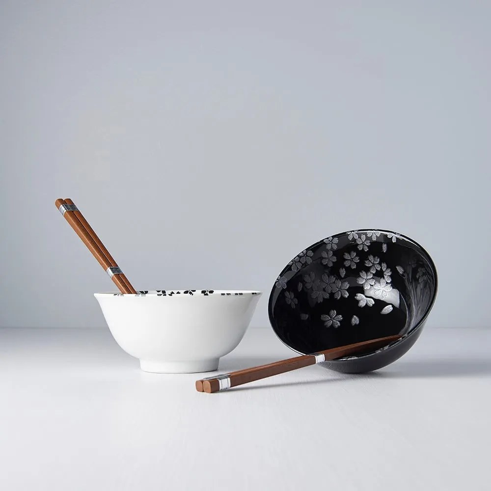 Set di 2 ciotole e bacchette in ceramica bianca e nera Sakura - MIJ