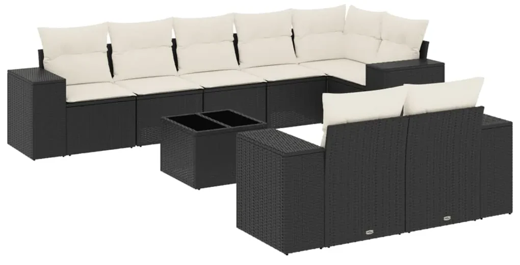 Set divani da giardino 9 pz con cuscini nero in polyrattan
