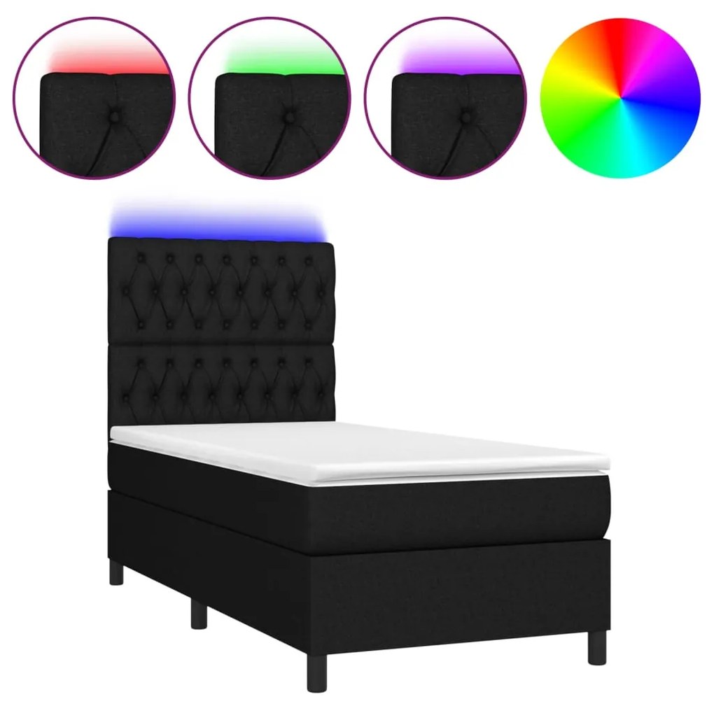 Letto a molle con materasso e led nero 80x200 cm in tessuto