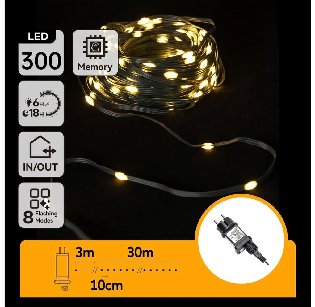 Aigostar - Catena LED natalizia da esterno 300xLED/8 funzioni 33m IP44 bianco caldo