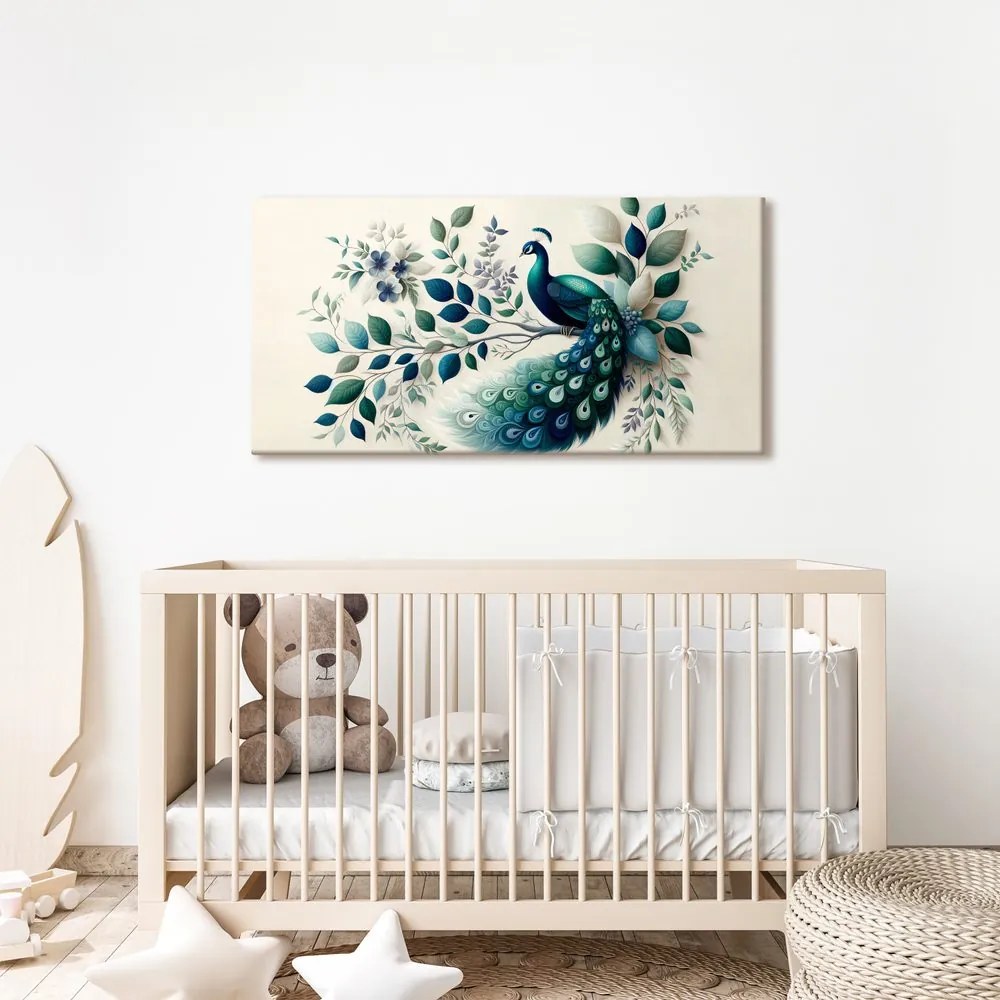 Quadro su tela – Pavone blu in composizione floreale