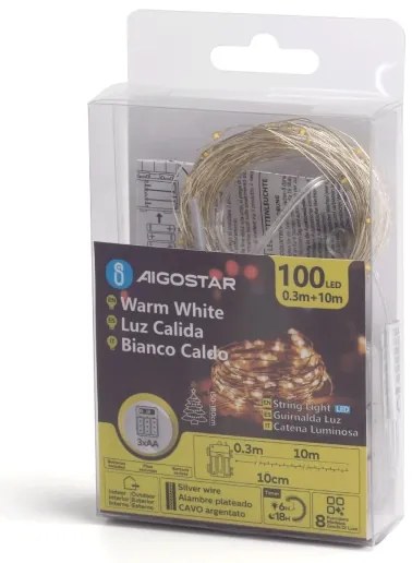Aigostar -Catena LED natalizia da esterno 100xLED/8 funzioni 3xAA 10,3m IP44 bianco caldo