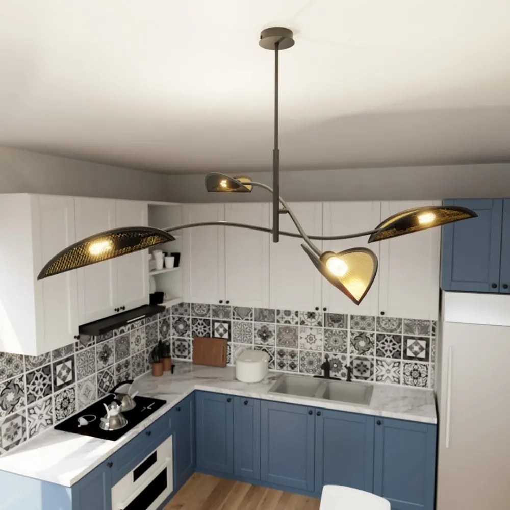 Lampadario a Sospensione in Acciaio e Tessuto LOTUS 4 Nero 4xE14 Colore del corpo Nero e Oro