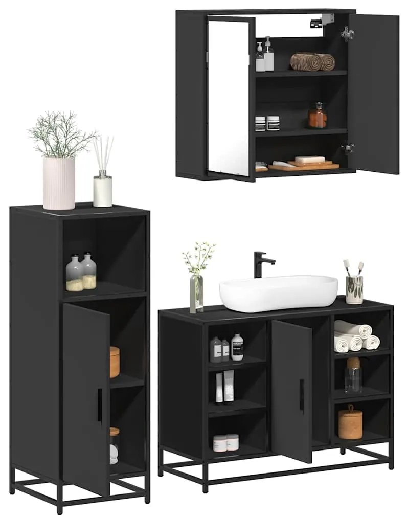 Set Mobili Da Bagno 3 Pz Nero İn Legno Multistrato /