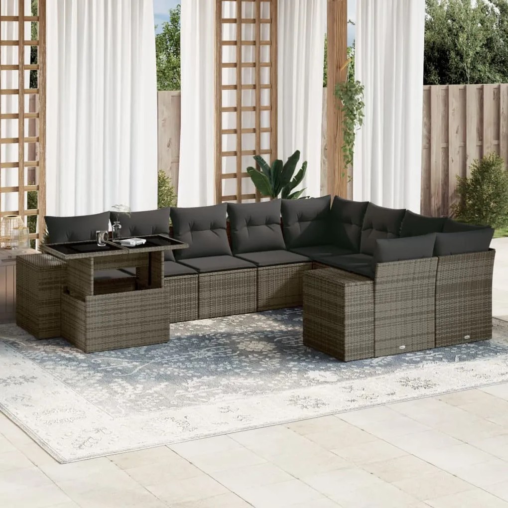 Set divano da giardino 10 pz con cuscini grigio in polyrattan