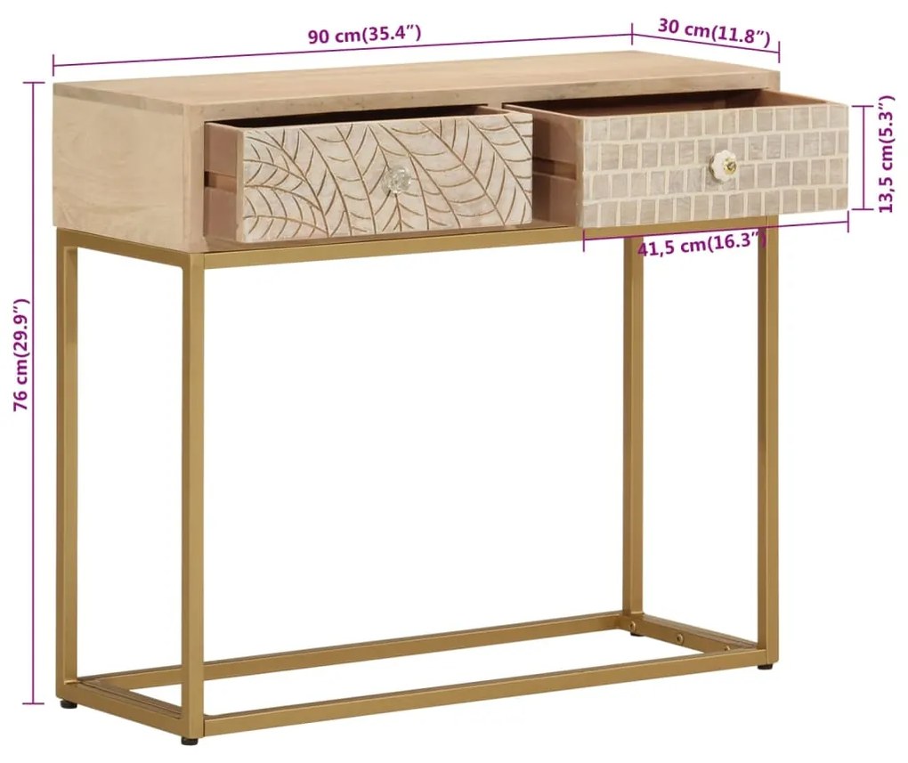 Tavolo Consolle 90x30x76 cm in Legno Massello di Mango e Ferro