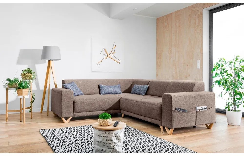 Divano angolare marrone allungabile e con contenitore (con penisola a sinistra/a L) Classy Sophie – Miuform