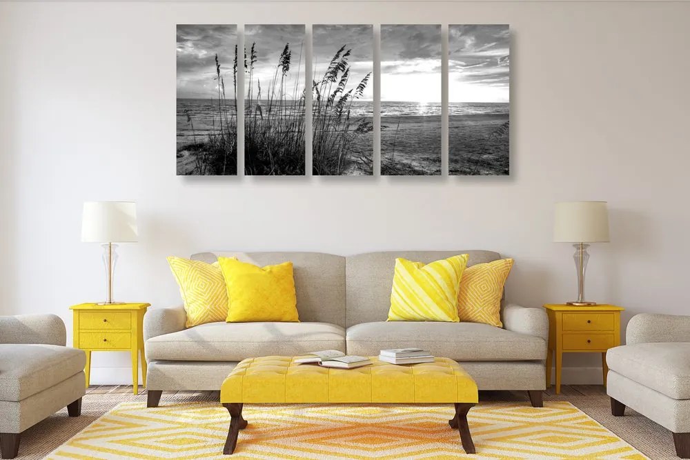Quadri 5 pezzi – Tramonto sulla spiaggia in bianco e nero