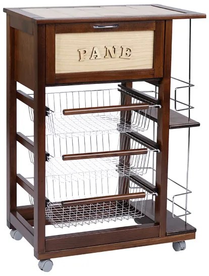 Carrello portapane con portabottiglie e cesti portafrutta Noce
