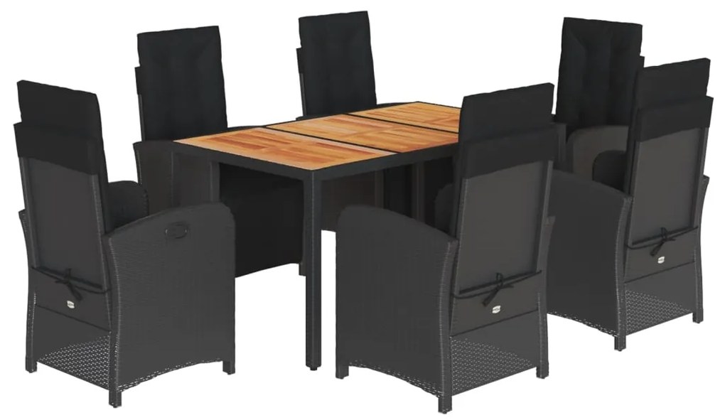 Set da pranzo da giardino 7 pz nero con cuscini in polyrattan