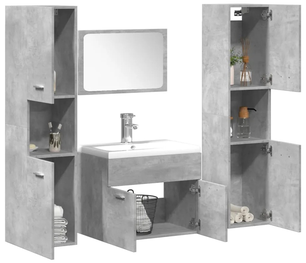 Set Mobili Da Bagno 4 Pz Grigio Cemento İn Legno Multistrato /