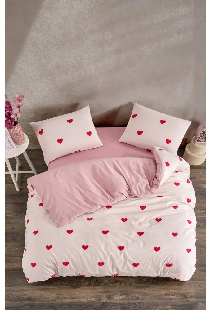 Set copripiumino e federa rosa per letto matrimoniale o esteso con lenzuolo incluso/4 pezzi 200x220 cm Red Heart – Mila Home