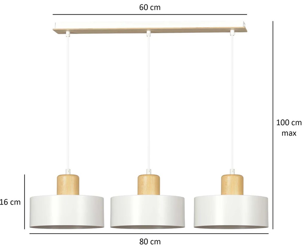 Sospensione Nordica 3 Luci Surya In Acciaio Bianco E Legno