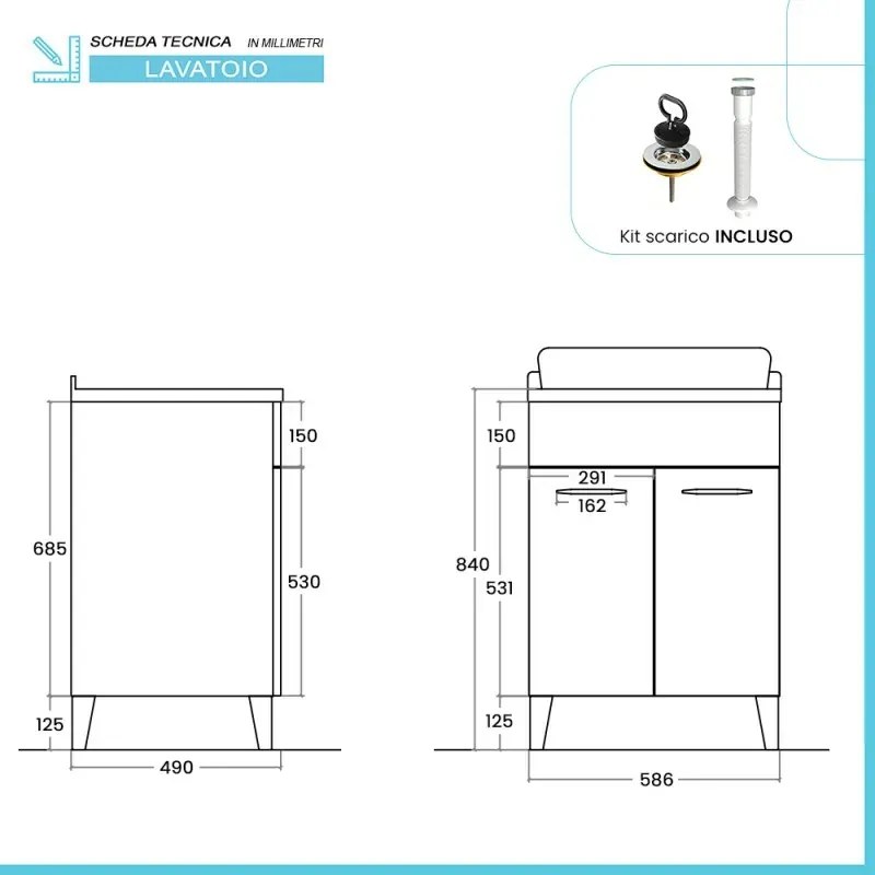 Mobile lavatoio 60x50 cm grigio calce vasca in ceramica e kit di scarico Moon