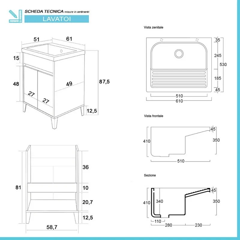 Mobile lavatoio 60x50 cm linea Way bianco lucido con vasca e strofinatoio