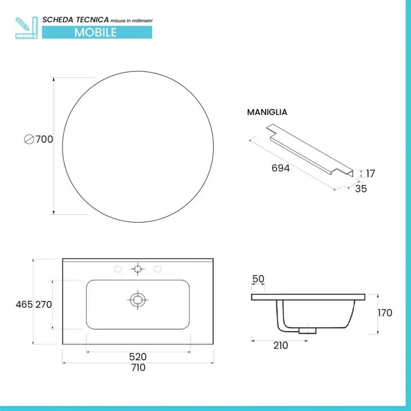 Mobile bagno sospeso 70 cm bianco opaco cannettato con cassetto, specchio e lavabo Nara
