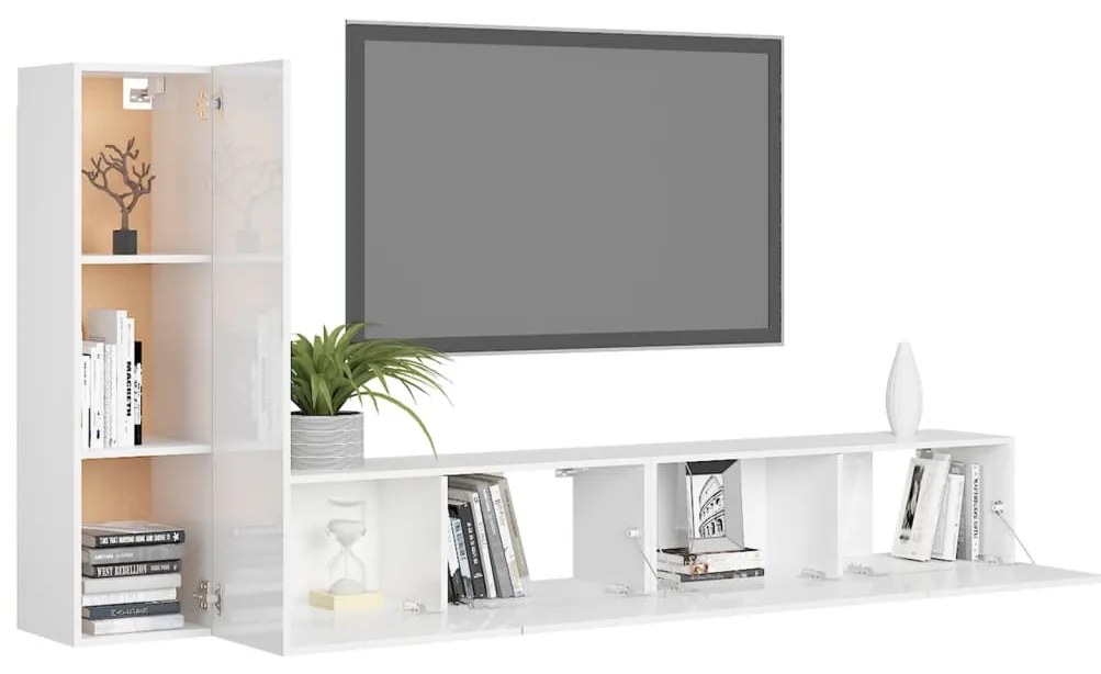 Set di mobili porta tv 3 pz bianco lucido in legno multistrato