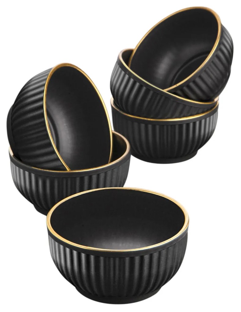 Set 6 ciotole plastica nera 10 cm bordo oro