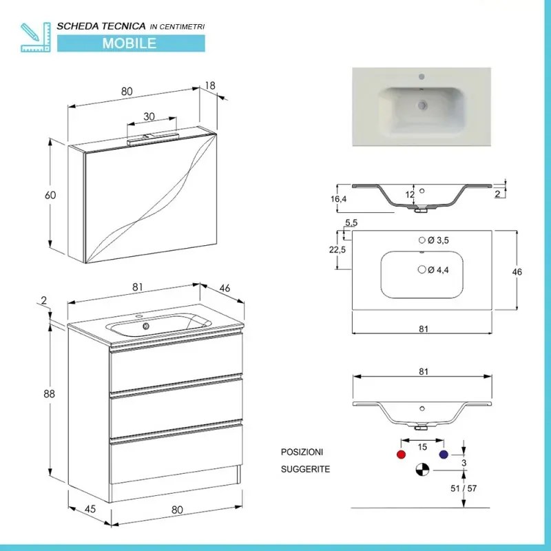 Mobile bagno a terra 80 cm Master bianco con lavabo e specchio contenitore