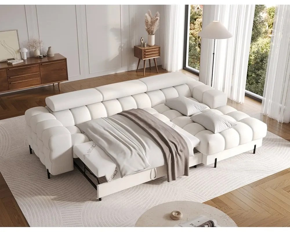 Divano angolare color crema allungabile/con contenitore (con penisola a destra/con chaise lounge) con rivestimento in bouclé Felro – ELTAP