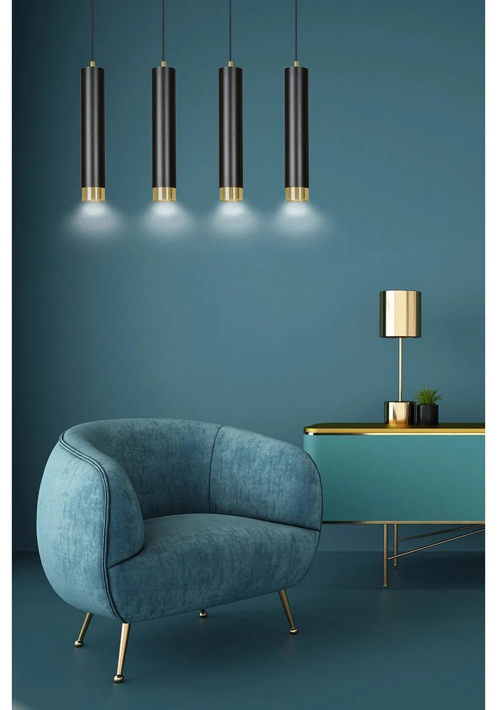 Lampadario 4 Luci Brunilde In Acciaio Nero E Tubolari In Nero E Oro