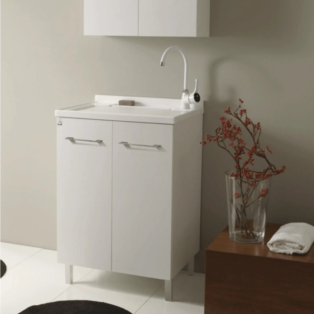 Lavatoio a Terra 60x45 Due Ante Con Vasca e Tavoletta In Polipropilene Xilon "Lavanderina" Bianco Opaco