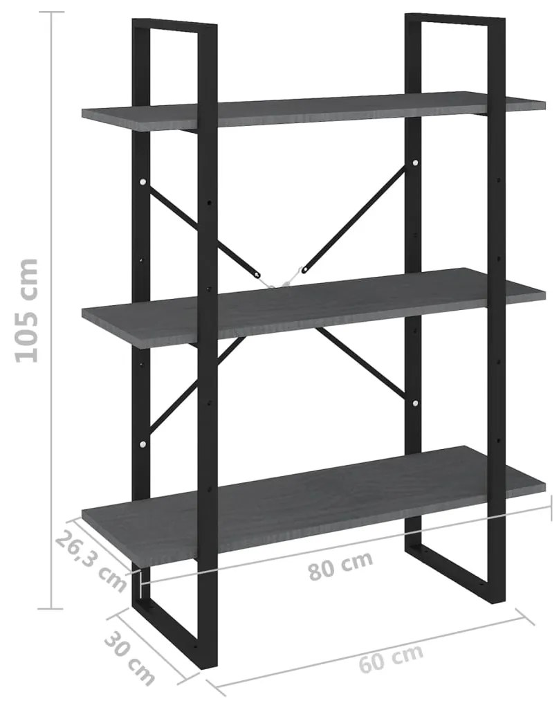 Libreria a 3 Ripiani Grigia 80x30x105 cm in Massello di Pino