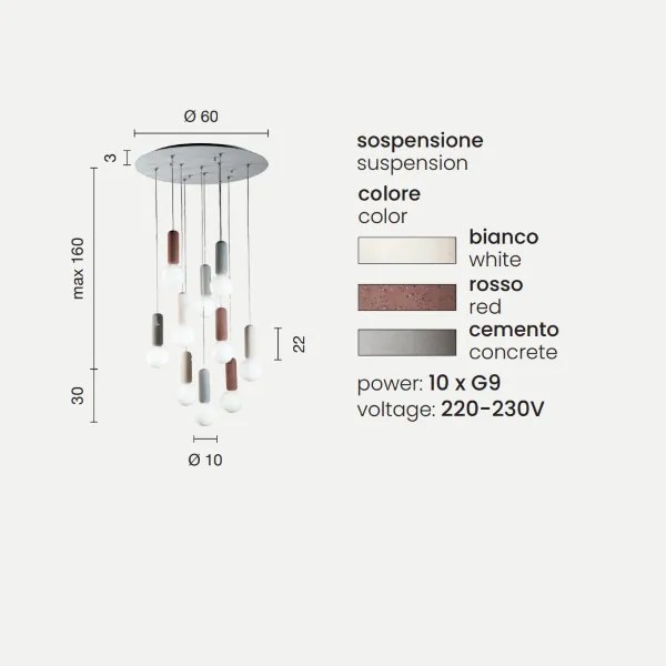 Lampada a sospensione ROCK 60 cm in cemento Multicolor e vetro soffiato 10 Luci