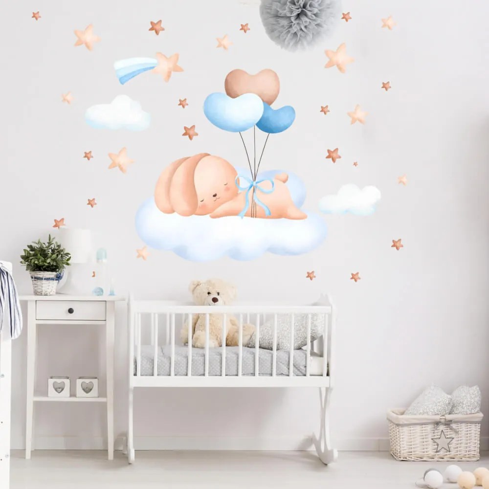 Adesivi murali tessili - Coniglietto volante su una nuvola - Blu con palloncini | Inspio