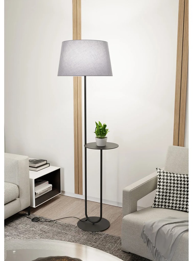 Piantana 1 Luce Horus Paralume In Tessuto Grigio Con Mensola In Acciaio Nero