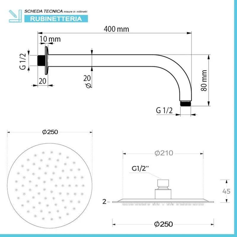 Set doccia cromo con braccio tondo 40cm + soffione 25 cm acciaio cromo