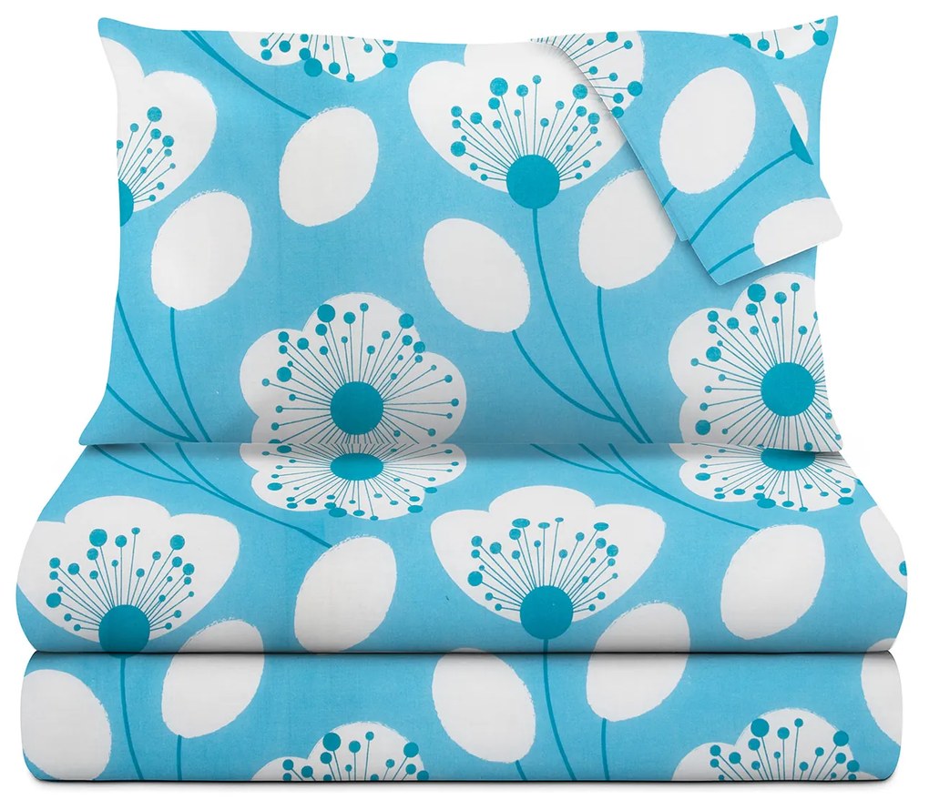 Completo letto matrimoniale azzurro fiori bianchi