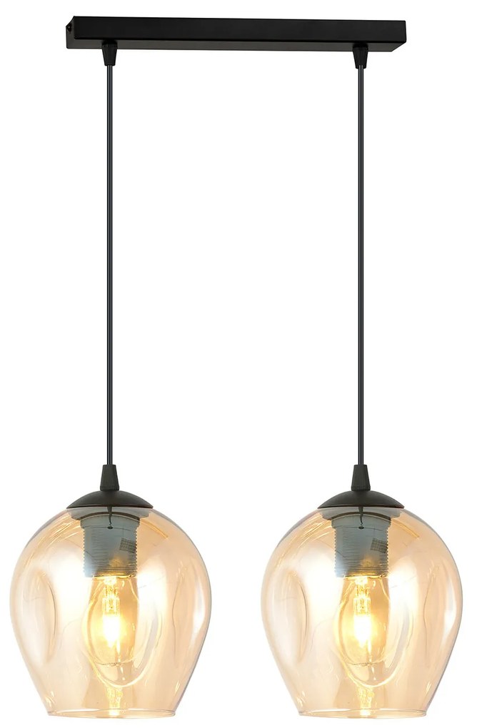 Lampadario 2 Luci Fuxi In Acciaio Nero E Vetro Ambra