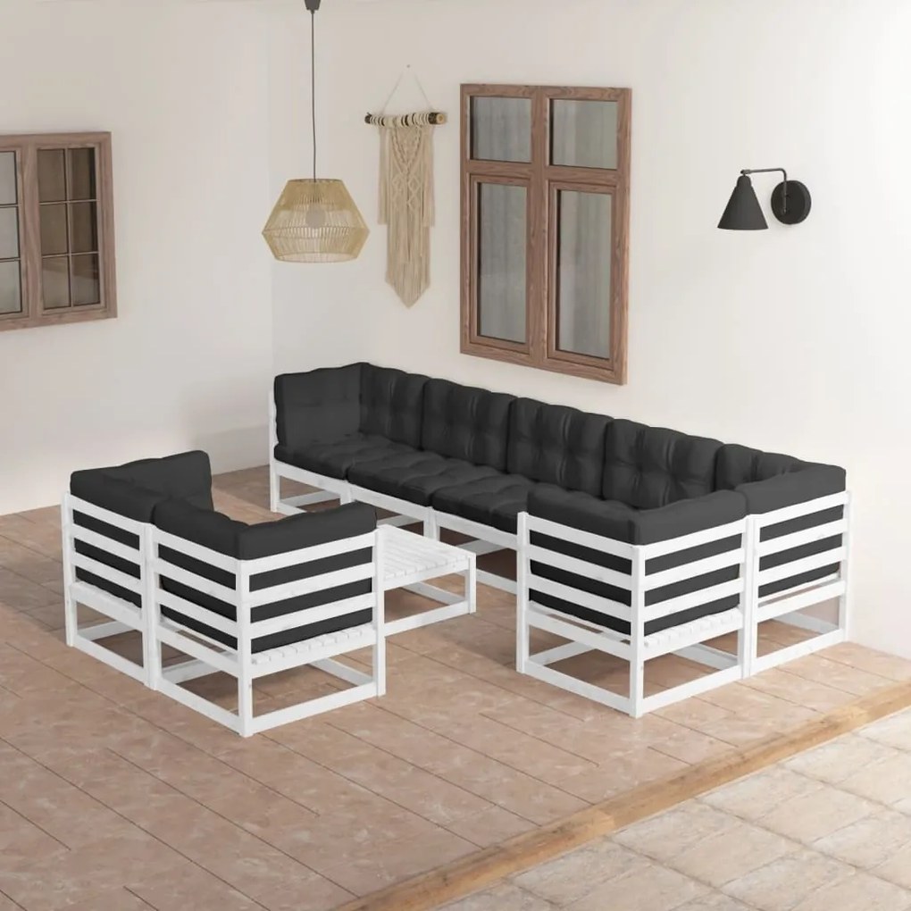 Set divani da giardino 9 pz con cuscini legno massello di pino