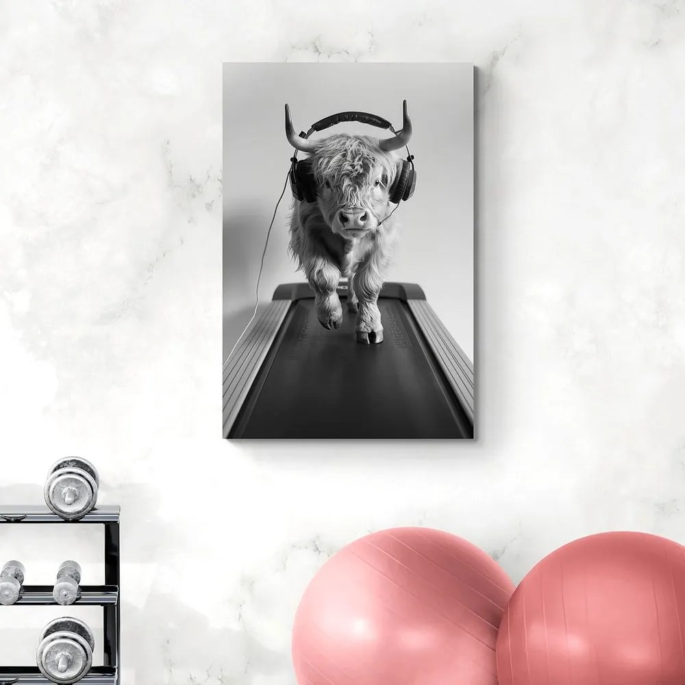 Stampa su tela – Mucca con cuffie sul tapis roulant