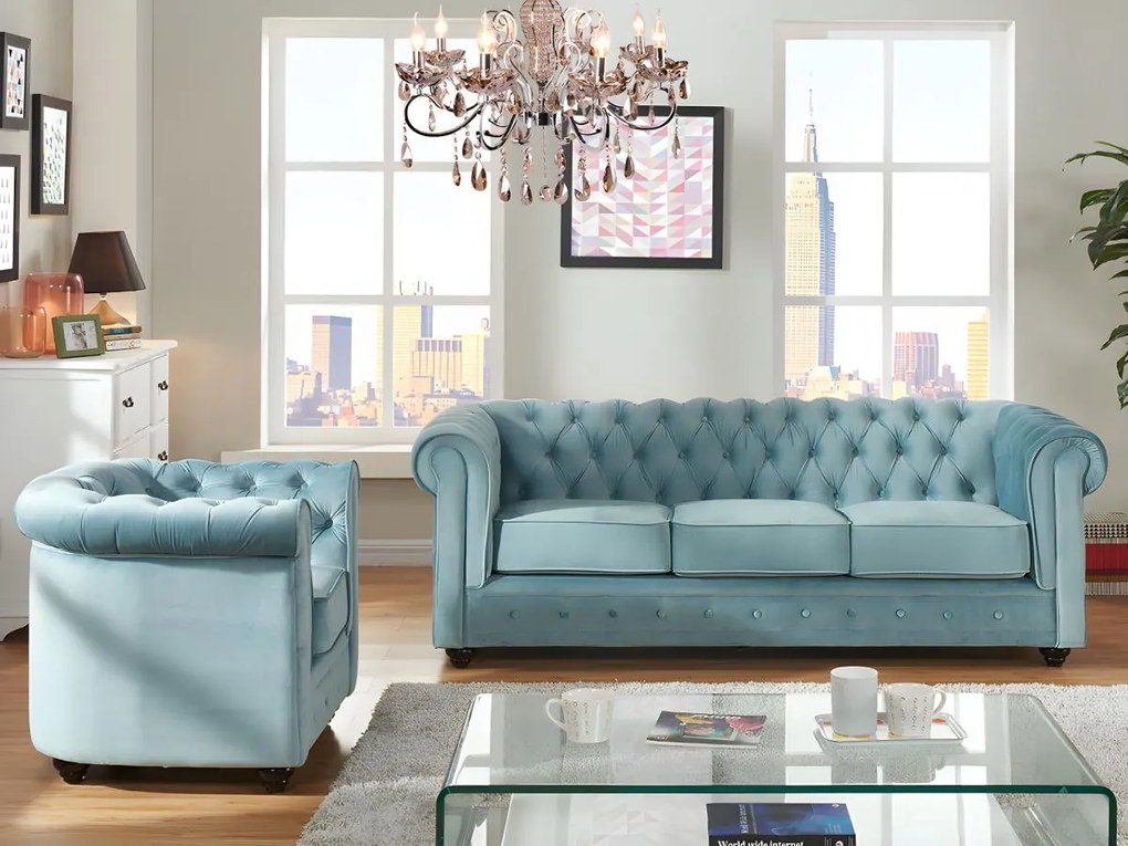 Divano CHESTERFIELD 3 posti e poltrona in velluto Azzurro pastello